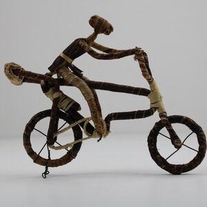 Handcrafted African Banana Fiber Bicycle Cyclist Sculpture Folk Art Figurine